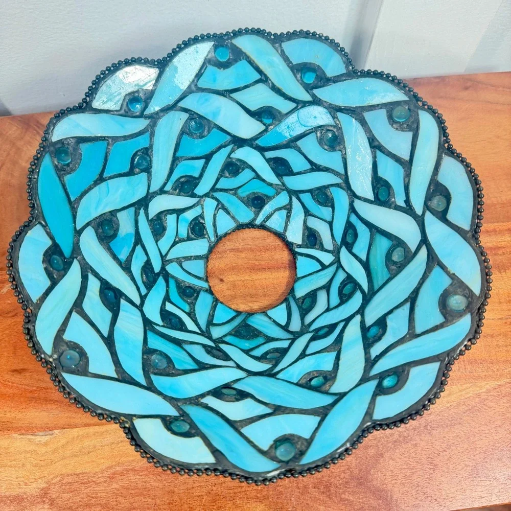 Tiffany Style Stained Glass 10"Leaded Lamp Shade Color Blue w Blue Faux Pearls - Picture 3 of 6